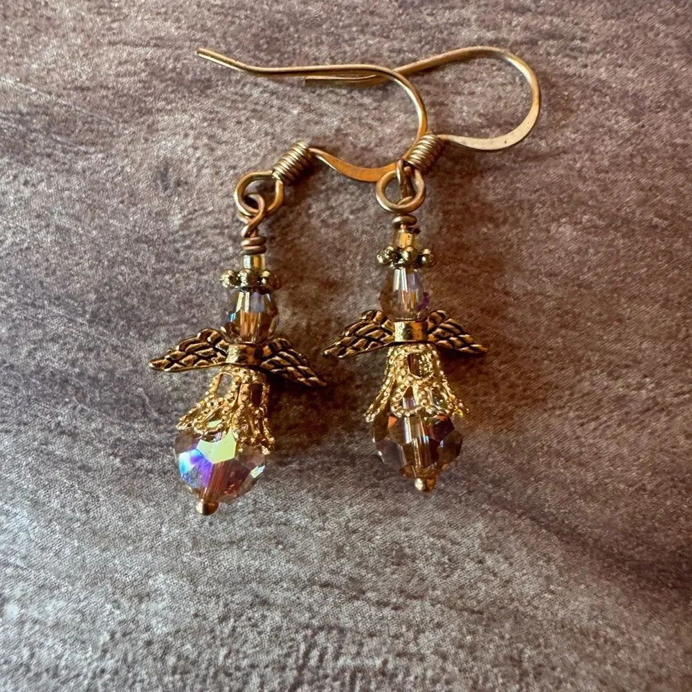 CRYSTAL ANGEL Earrings Gold Tone Champagne Beaded Religious Christmas